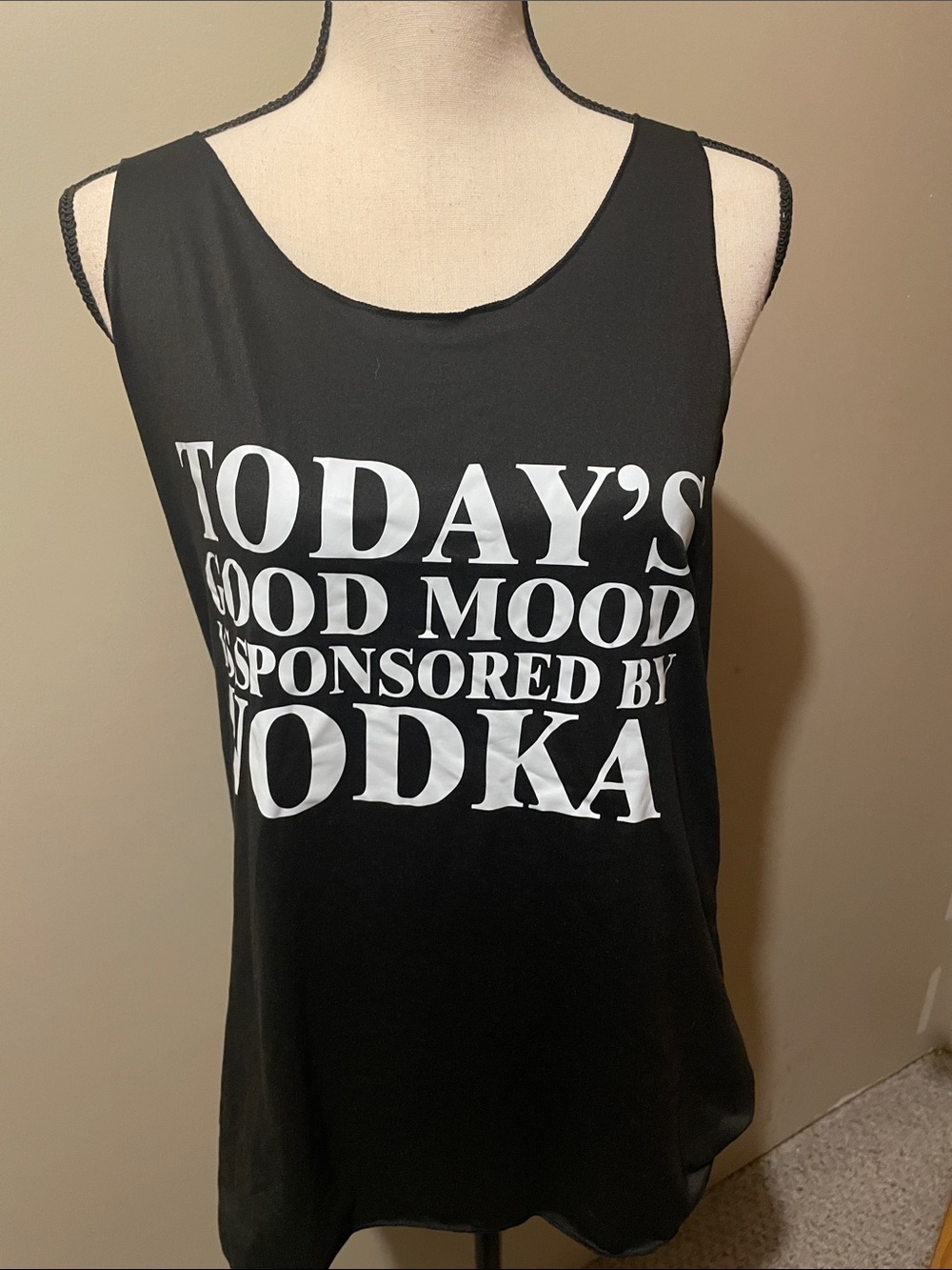 SHEIN Black Muscle Tee with White 'Today's Good Mood Sponsored by Vodka' Print